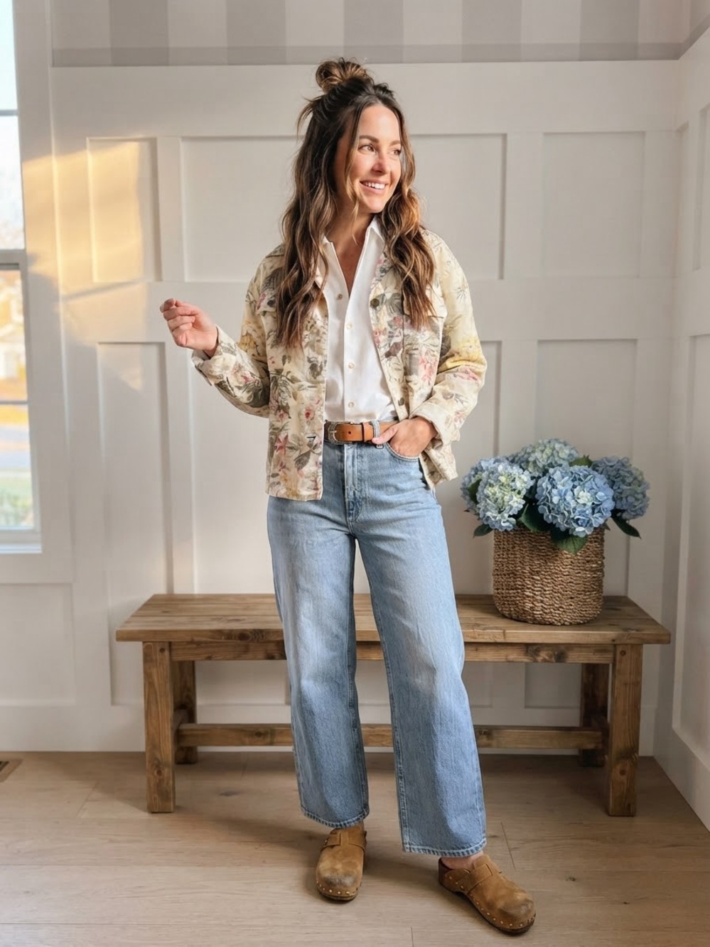 Floral Beige Women's Jean Jacket - Lightweight Casual Layer